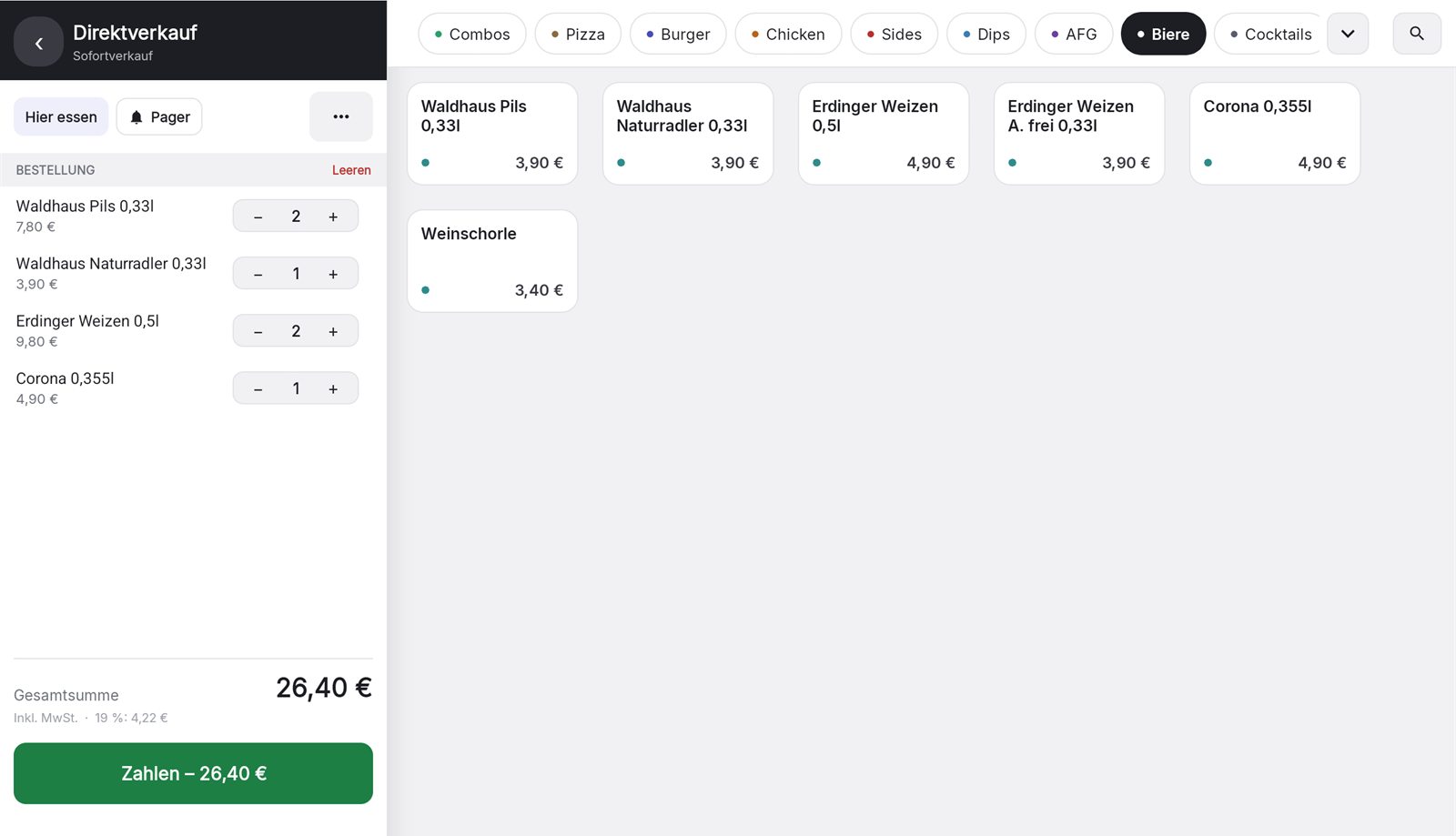 orderhero Kasse auf dem Tablet: Artikel, Bon und Bezahlen